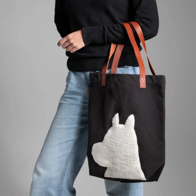 Moomintroll tote bag noir anses cuir 40 cm