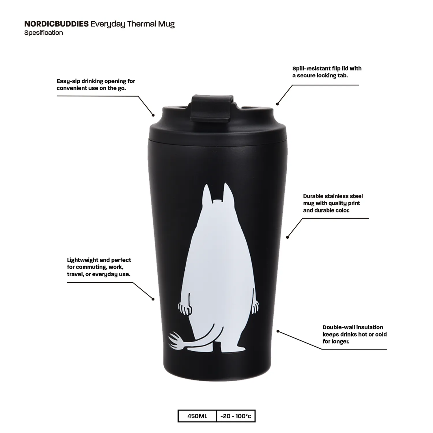 Moomintroll Angry mug isotherme noir 550 ml inox