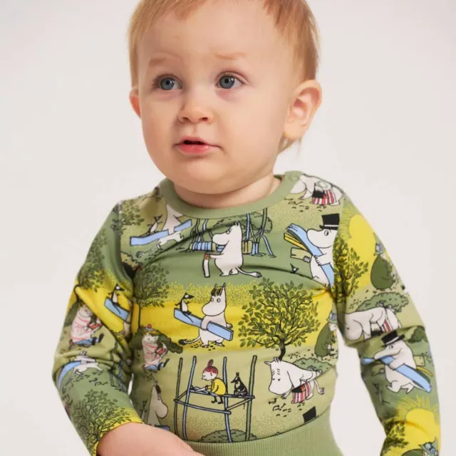 Moomintroll Busy Bees body bébé vert coton bio