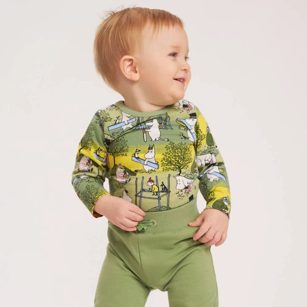 Moomintroll Busy Bees body bébé vert coton bio