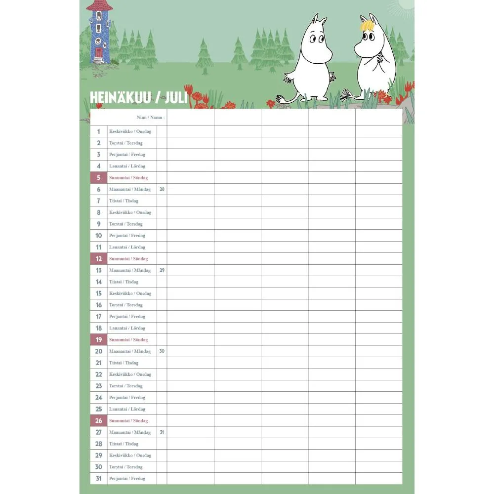Moomintroll Family calendrier mural 2027 5 colonnes