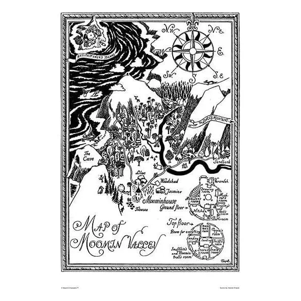Moomintroll Moominvalley Map affiche 24x30 cm noir et blanc